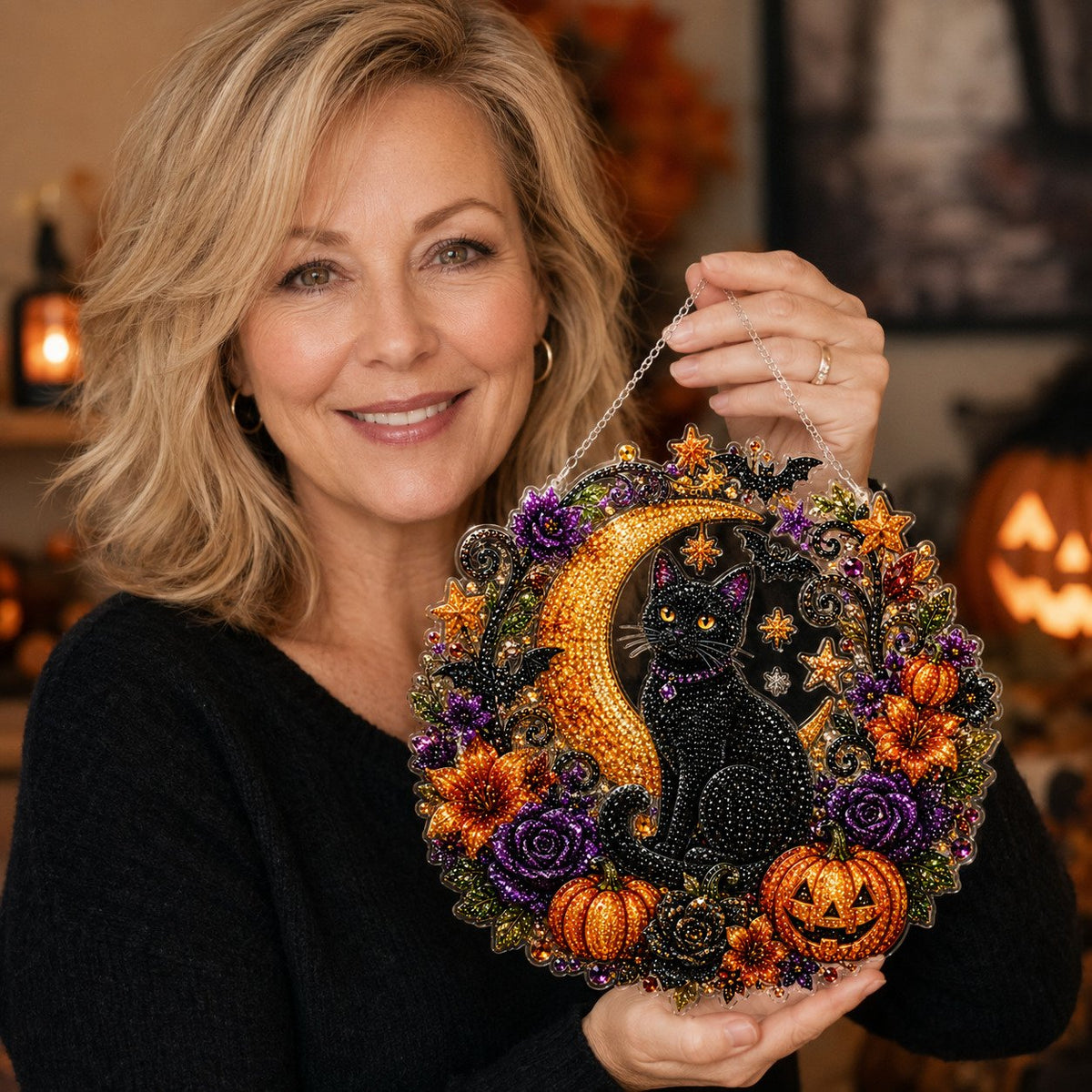 🔥Hot Sale 50% OFF-🎃Halloween Black Cat Moon Diamond Art Hanging Ornament Kit