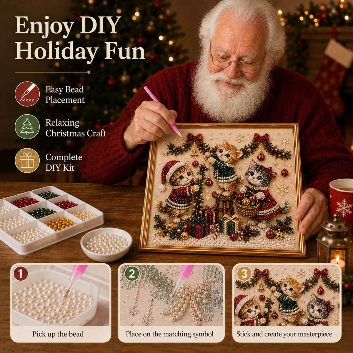 🎄🐾 LAST DAY 49% OFF – Premium 3D Pearl Christmas Kitty Art Kit | Luxury Flocked Canvas with Scratch-Resistant Non-Fading Pearl Beads DIY Holiday Decor 🎅🐱❄️
