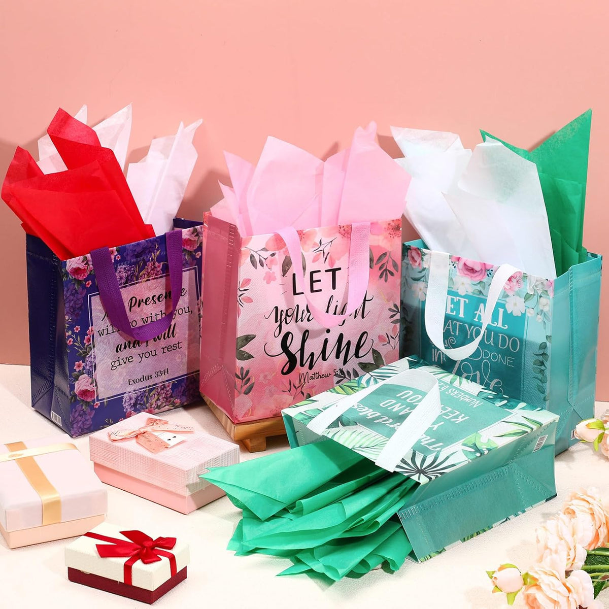 💐16 Pcs Floral Scripture Reusable Gift Tote Bags