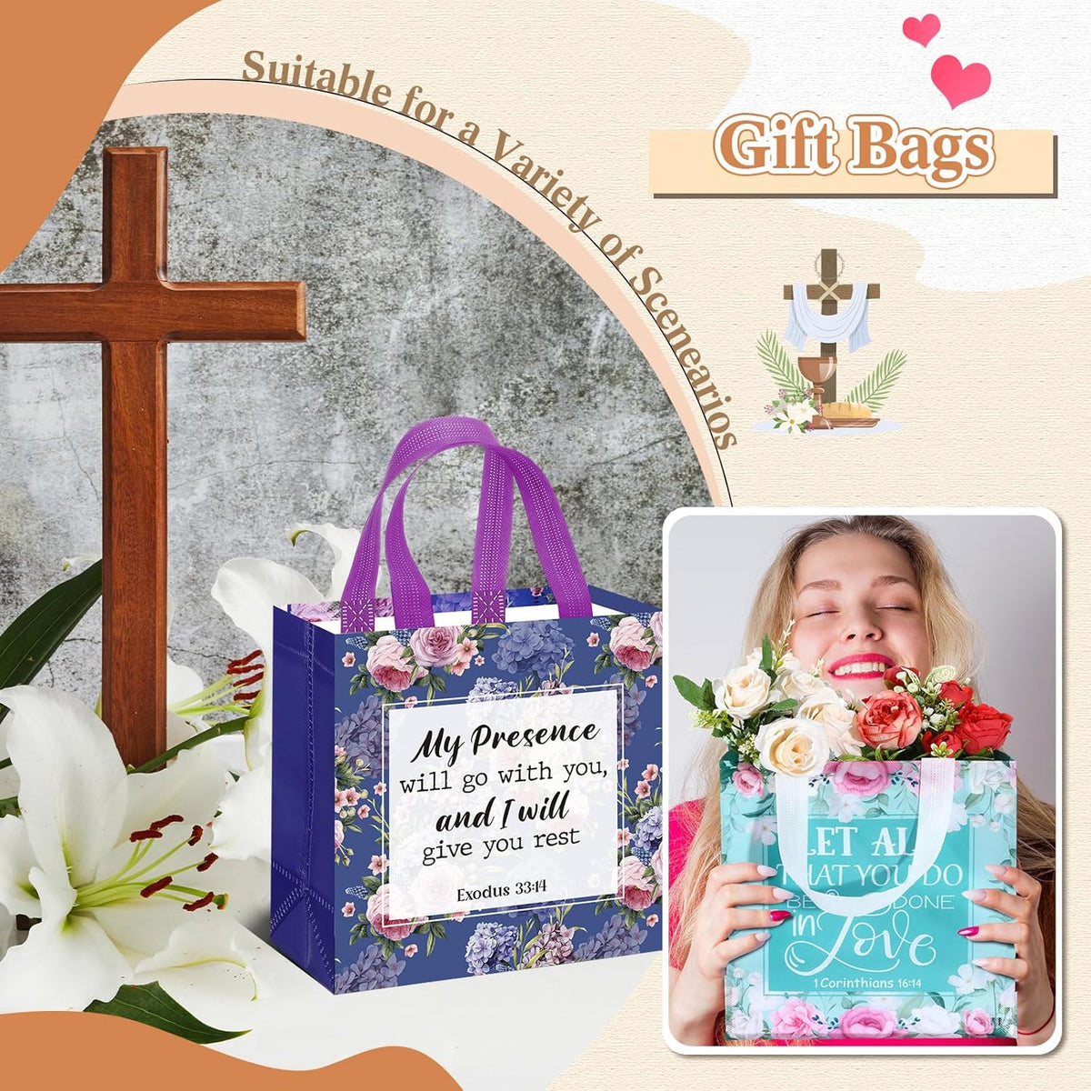 💐16 Pcs Floral Scripture Reusable Gift Tote Bags